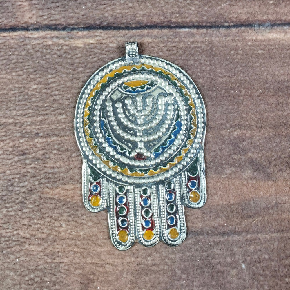 Hamsa Pendant Menorah Motif Silver Tone Good Enamel Judaica Amulet